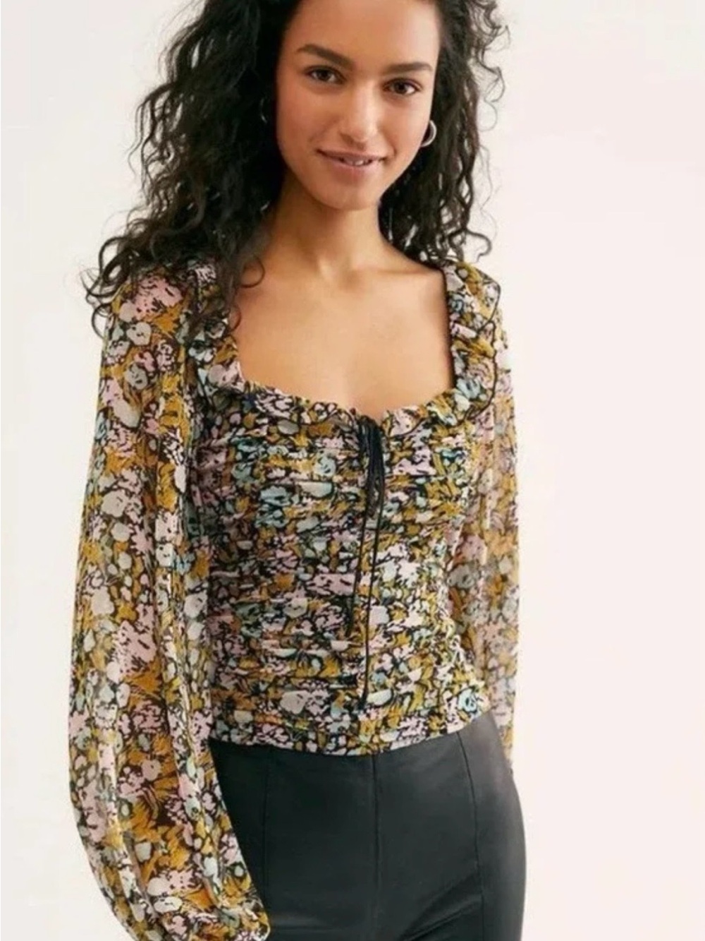 Free People Mabel Printed Blouse Size S Boho Cottagecore Ruched Lace Up Top